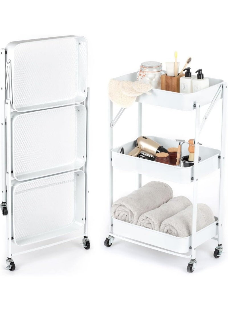 NAMA White 3 Tier Foldable Storage Trolley Cart | Foldable Rolling Carts | Trolley with Locking Wheels - Image 1